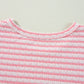 Pink Stripe Textured Puff Sleeve Crewneck Top