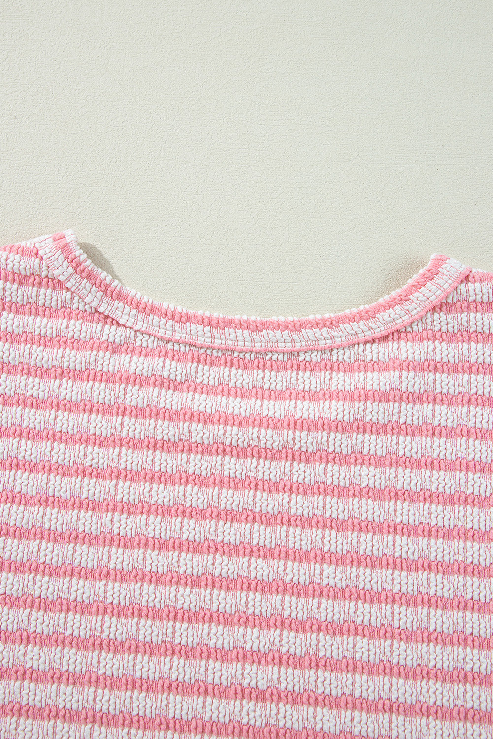 Pink Stripe Textured Puff Sleeve Crewneck Top