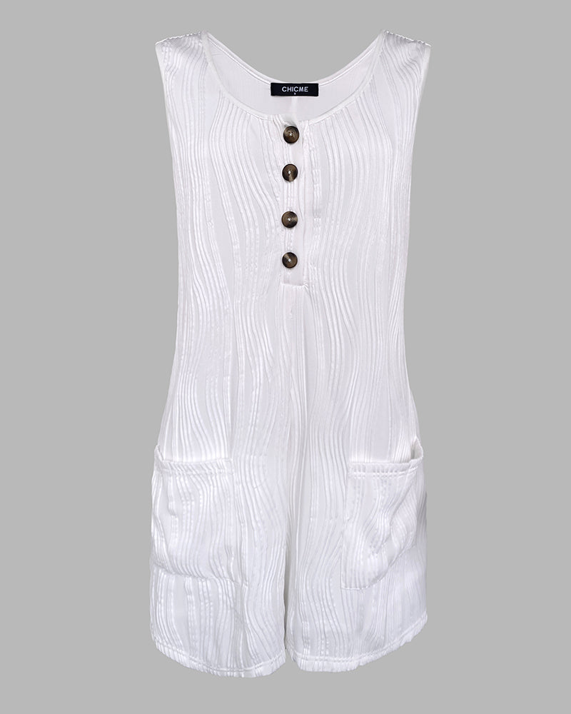 Water Rippling Sleeveless Romper Casual pocket Design Short Jumpsuit