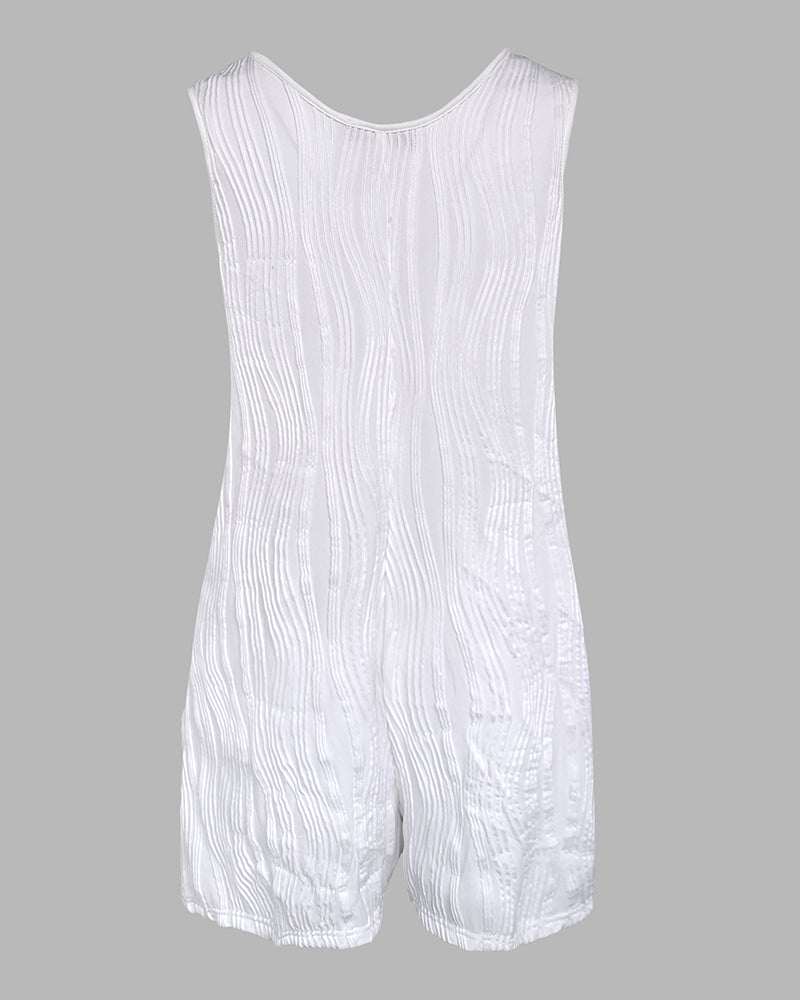Water Rippling Sleeveless Romper Casual pocket Design Short Jumpsuit