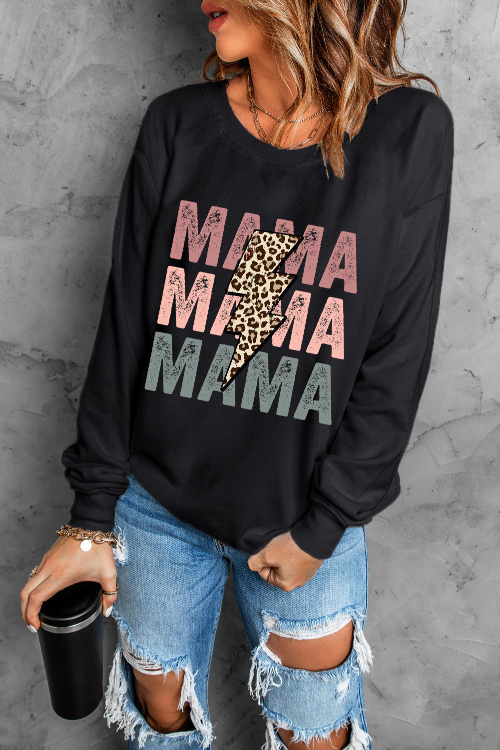 Black Leopard Lightning MAMA Graphic Pullover Sweatshirt