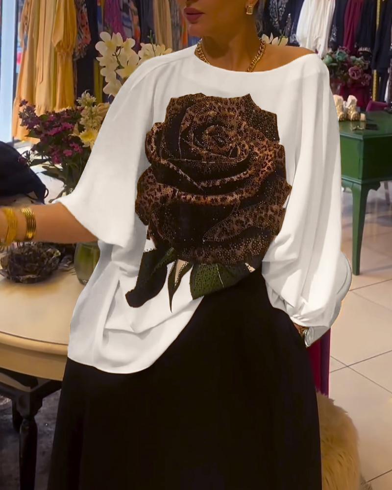 Rose Print Rhinestione Lantern Sleeve Top & Skirt Set