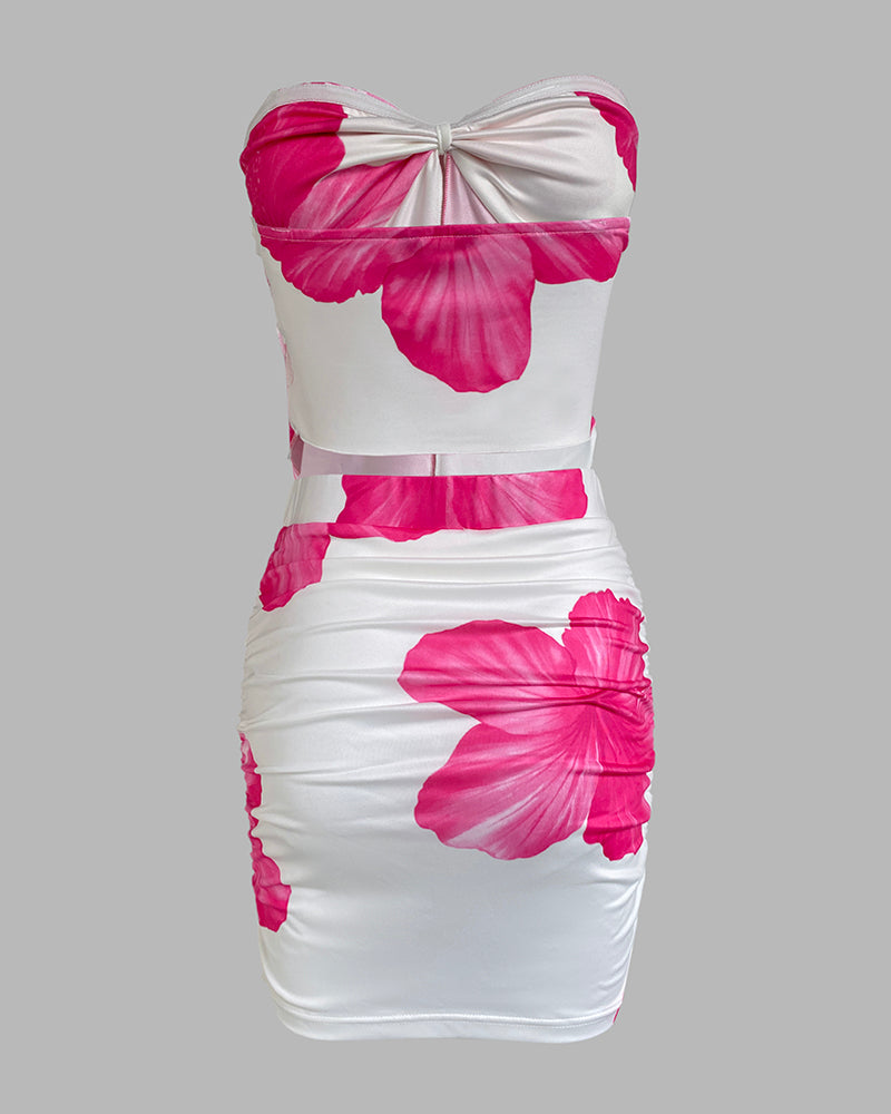 Floral Print Strapless Tied Top /w Ruched Mini Skirt Set Two Piece Outfit