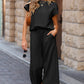 Black Solid Color Textured Short Sleeve Top and Casual Pants Set