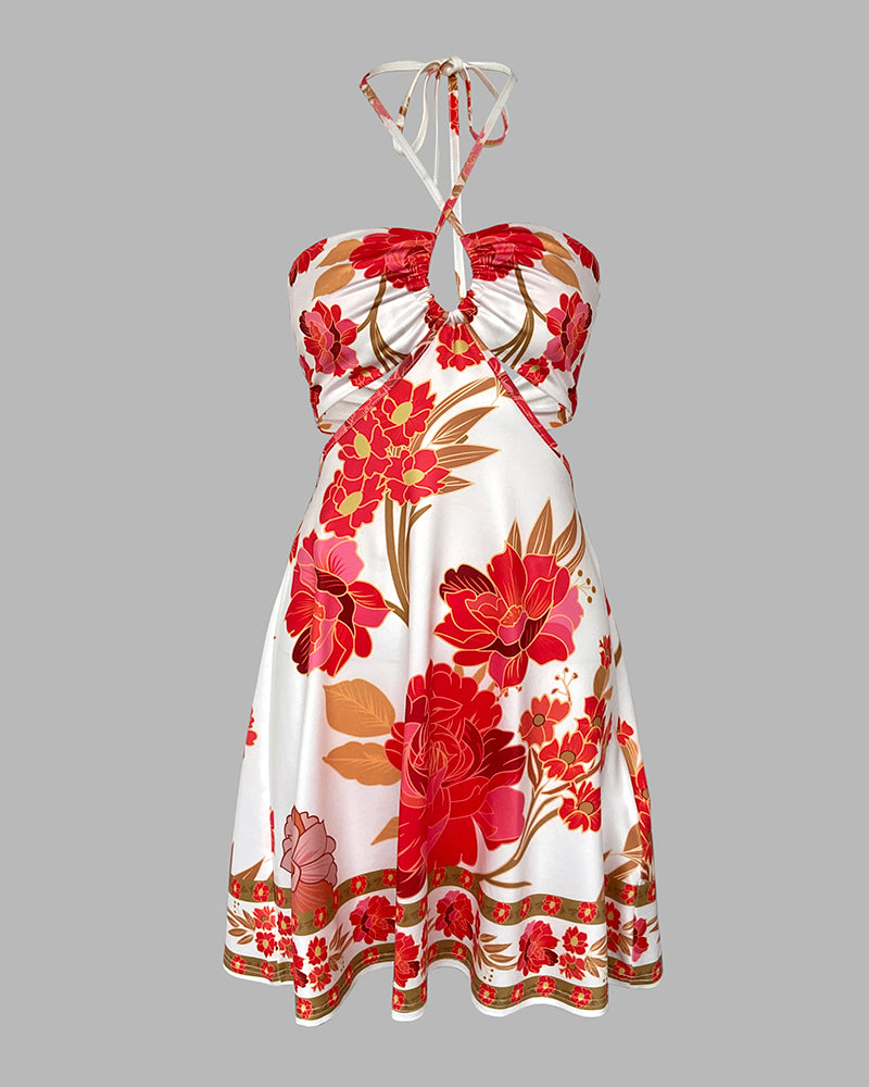 Floral Print Halter Sleeveless A Line Mini Dress Sexy Waist Hollow Out Vacation Dress