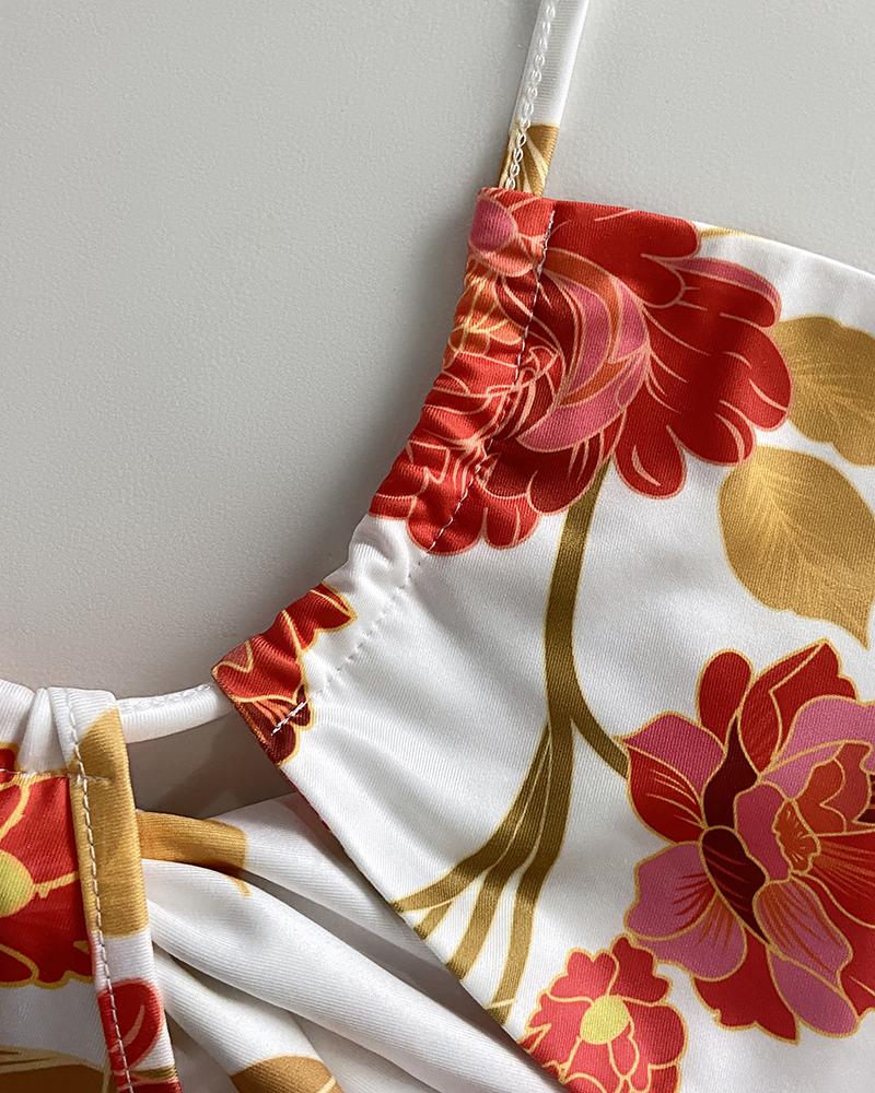 Floral Print Halter Sleeveless A Line Mini Dress Sexy Waist Hollow Out Vacation Dress