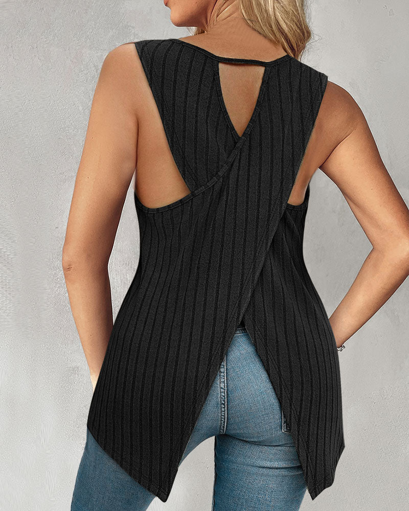 Hollow Out Criss Cross Ribbed Tank Top