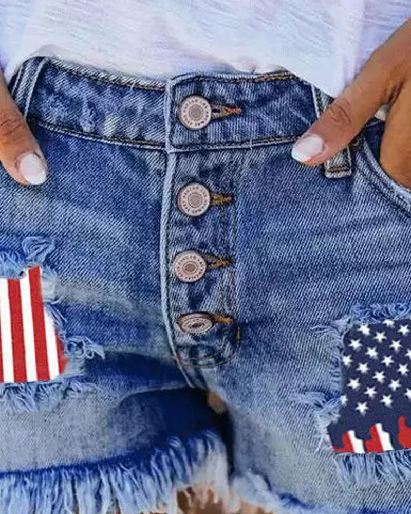 Independence Day Flag Print Buttoned Fringe Denim Shorts