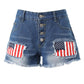Independence Day Flag Print Buttoned Fringe Denim Shorts
