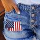 Independence Day Flag Print Buttoned Fringe Denim Shorts