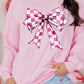 Pink Checkerboard Bow Graphic Round Neck Valentines Sweatshirt