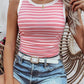 Pink Stripe Contrast Round Neck Sleeveless Slim Top