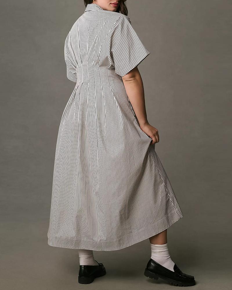 Striped Print Half Sleeve Rucded Front Button Shirt Dress Casual Dress