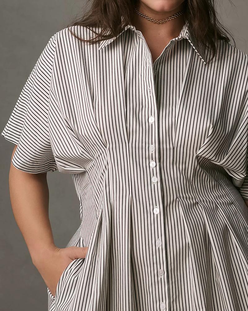 Striped Print Half Sleeve Rucded Front Button Shirt Dress Casual Dress