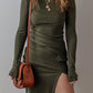 Jungle Green Ribbed Side Slit Ruched Slim Fit Long Sleeve Mini Dress