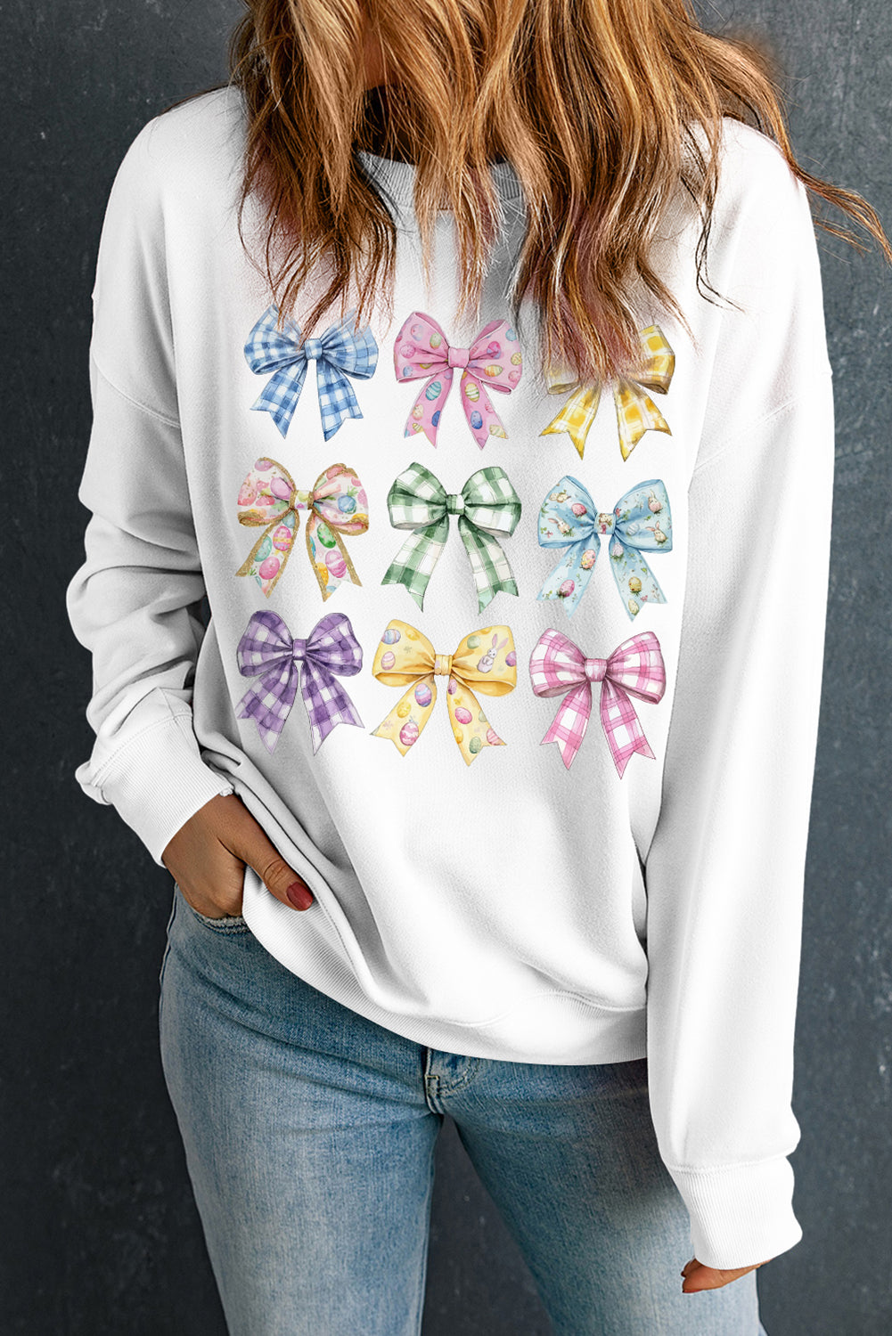 White Easter Eggs Plaid Bow Graphic Drop Shoulder Sweatshirt