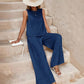 2 Pieces Outfits Round Neck Sleeveless Tank and Casual Pocket Design Wide Leg Pants Set