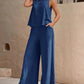 2 Pieces Outfits Round Neck Sleeveless Tank and Casual Pocket Design Wide Leg Pants Set