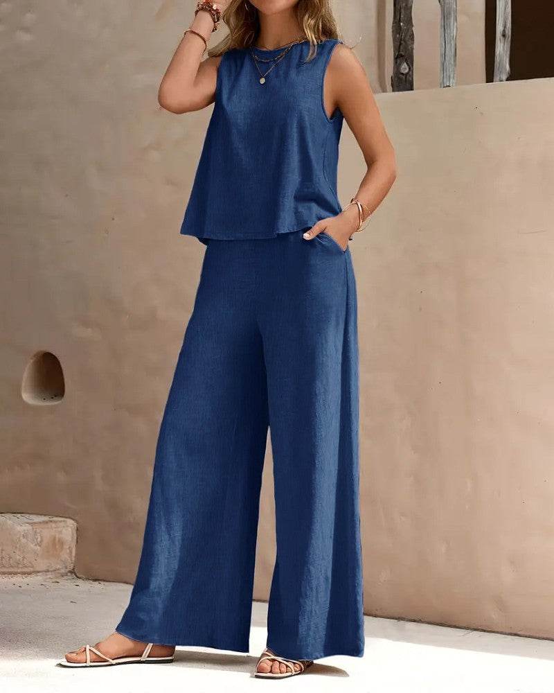 2 Pieces Outfits Round Neck Sleeveless Tank and Casual Pocket Design Wide Leg Pants Set