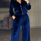 2 Piece Rhinestone Turn down Collar Long sleeves Cardigan Wide Leg Pants Casual Pants Set