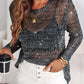 Round Neck Long Sleeve Glitter Crochet Casual Sequin Hollow out Cowl Top