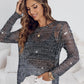 Round Neck Long Sleeve Glitter Crochet Casual Sequin Hollow out Cowl Top