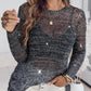 Round Neck Long Sleeve Glitter Crochet Casual Sequin Hollow out Cowl Top