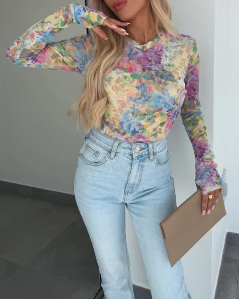 Floral Print Round Neck Long Sleeve T Shirt Casual Slim Fit Top