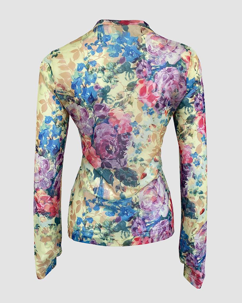 Floral Print Round Neck Long Sleeve T Shirt Casual Slim Fit Top