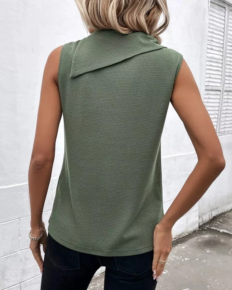 Asymmetrical Neck Sleeveless Waffle Tank Casual Button Decor Slim Fit Top