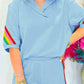 Sky Blue Rainbow Colorblock Collared Short Sleeve Top 2 Piece Shorts Set