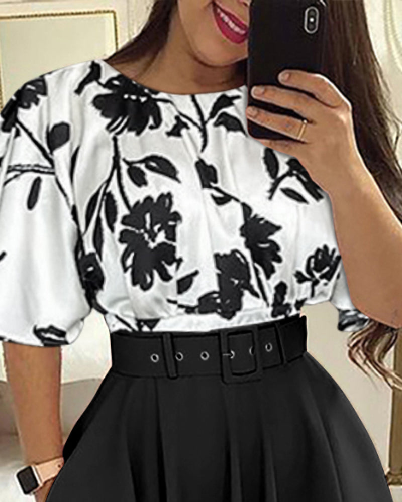 Floral Print Colorblock Flare Sleeve A line Dress Work Dress
