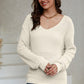 Beige Ribbed Knit V Neck Sweater