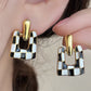 Black Checkered Pattern Square Shape Stud Dangle Earrings