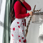 2 Pieces Outfit Frill Hem Long Sleeve Crop Top and Heart Pattern Drawstring Pants Pajamas Set