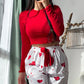 2 Pieces Outfit Frill Hem Long Sleeve Crop Top and Heart Pattern Drawstring Pants Pajamas Set