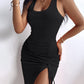 Ribbed Sleeveless Drawstring Ruched High Slit Dress
