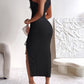 Ribbed Sleeveless Drawstring Ruched High Slit Dress
