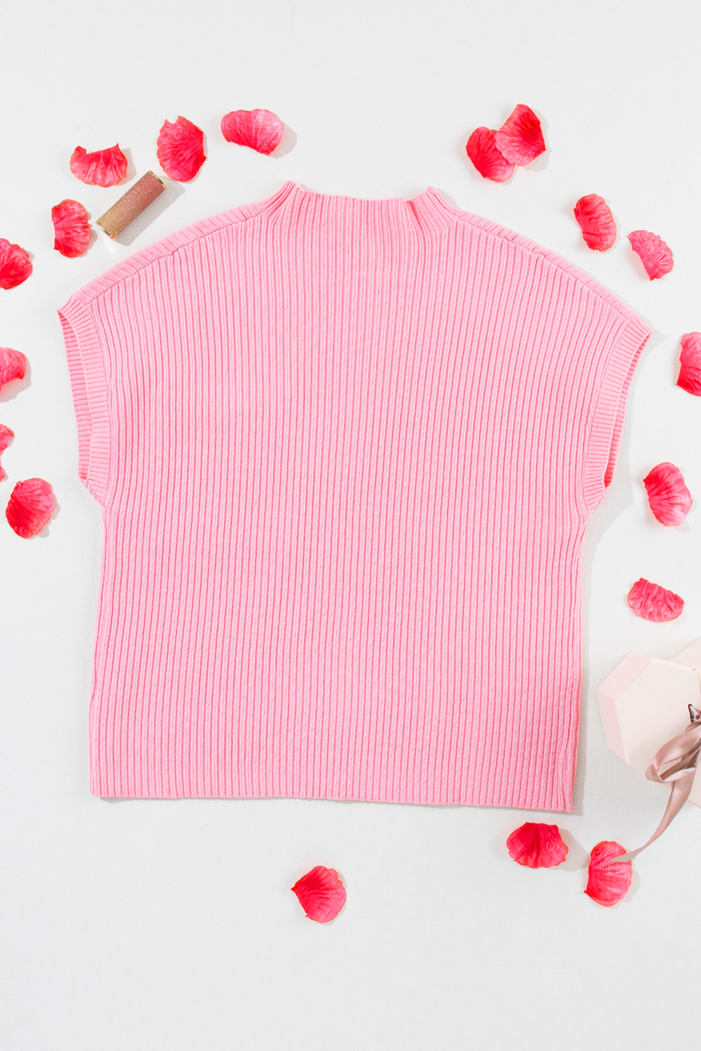 Pink Sequin Bunny Doll Graphic Ribbed High Neck Short Sleeve Sweater