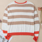 Apricot Colorblock Striped Round Neck Drop Shoulder Sweater