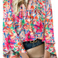 Multicolour Floral Print Bell Sleeve V Neck Blouse