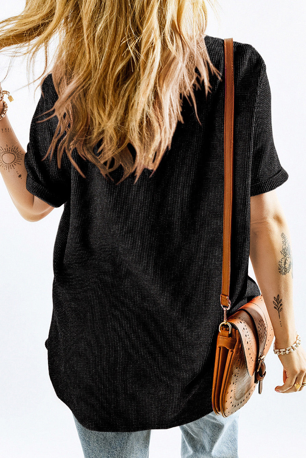 Gray Jesus Loves You Bow Knot Print V Neck Waffle Knit Loose T Shirt