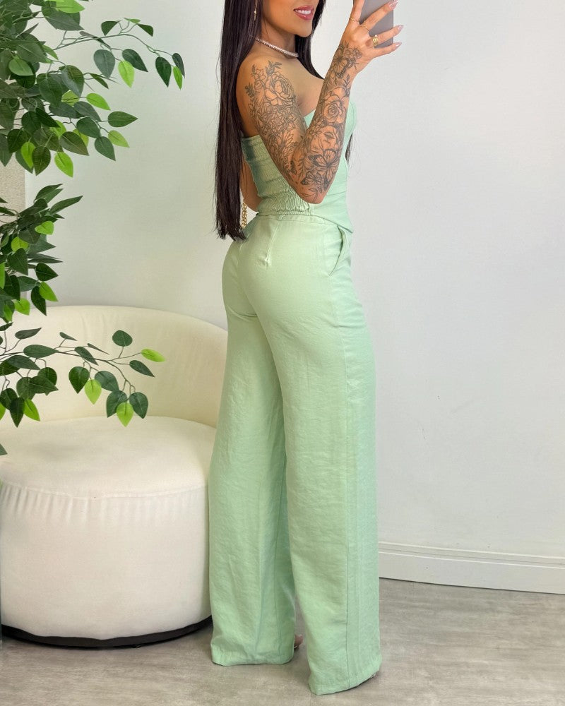 2 Pieces Outfit Bandeau Button Decor Vest Top and Casual Wide Leg Pants Set