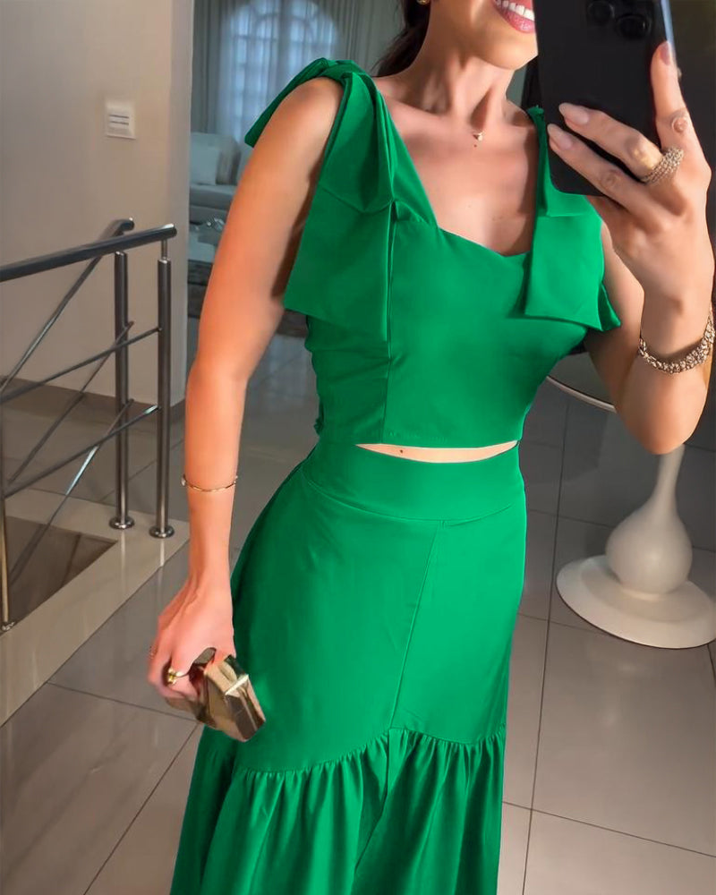 2 Pieces Outfit Lace Up Strap Shirred Crop Tank and Casual Slit Ruched Skirt Set