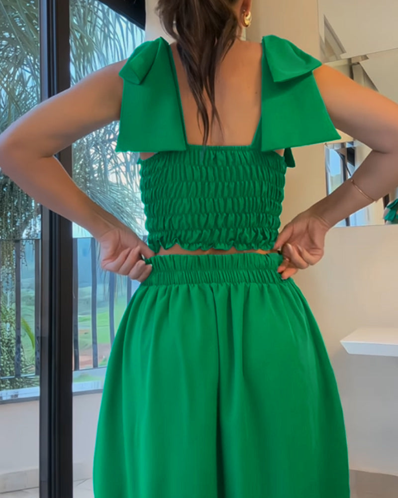 2 Pieces Outfit Lace Up Strap Shirred Crop Tank and Casual Slit Ruched Skirt Set