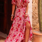 Red Paisley Print Side Slit Puff Sleeve High Waist Maxi Dress