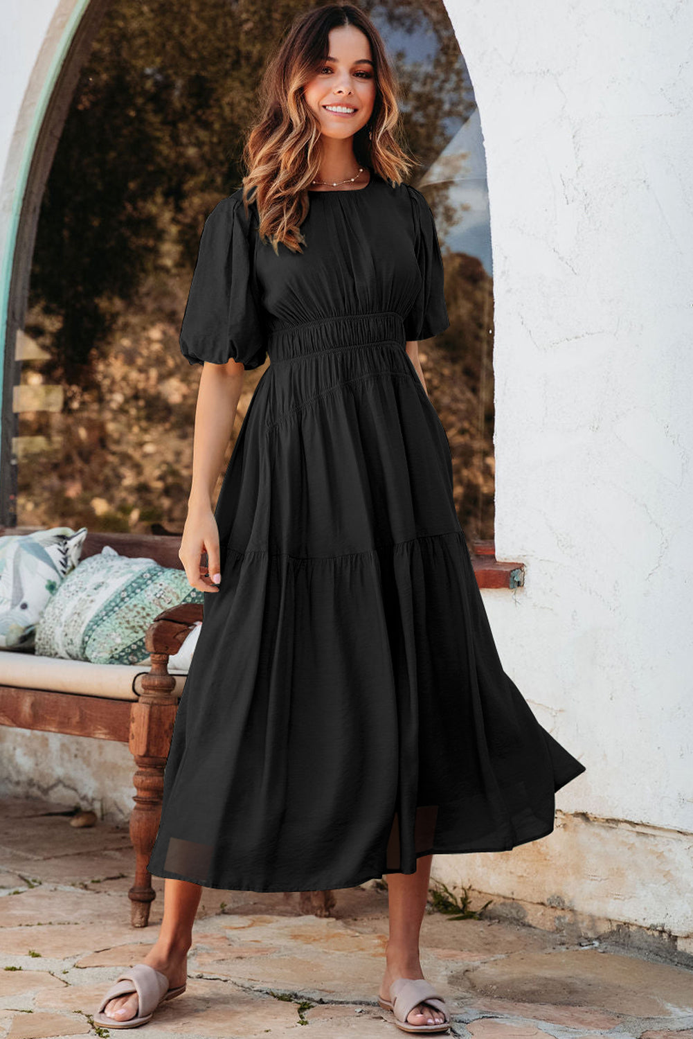 Black Puff Sleeve Pleated High Waist Flowy Long Dress