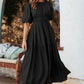 Black Puff Sleeve Pleated High Waist Flowy Long Dress