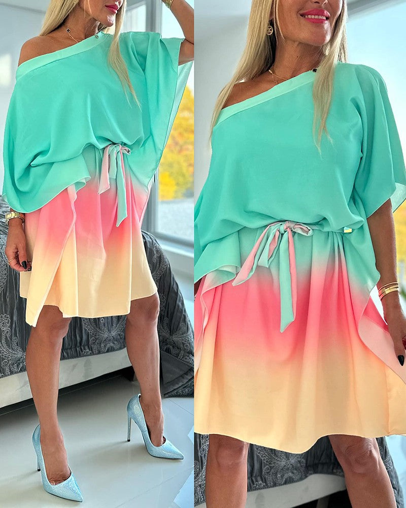 Ombre Tied Detail Batwing Sleeve Dress