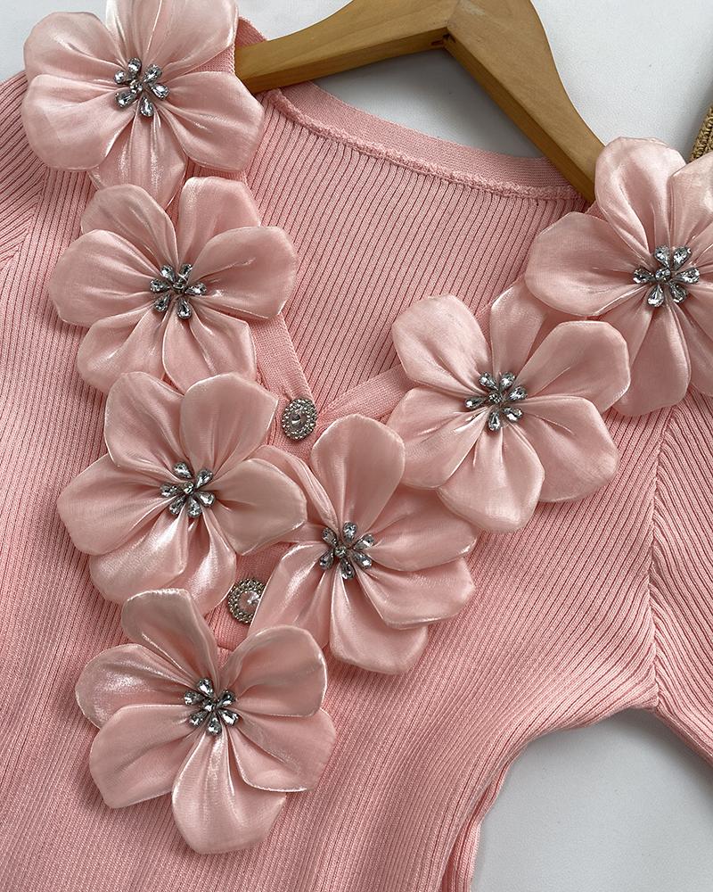 Floral Pattern Rhinestone Decor Knit Top